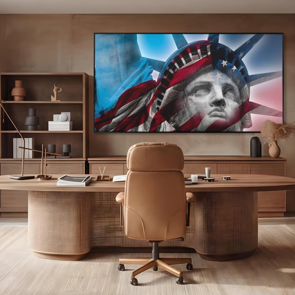 Tablou canvas cu statuia libertatii suprapusa cu steagul american, in rama de aluminiu negru, pe perete intr-un birou